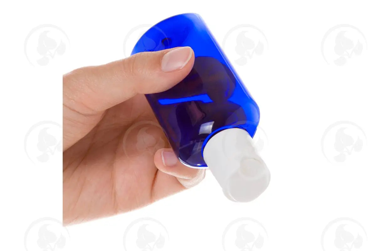 2 Oz. Oval Bottle: Blue Plastic And White Disc-Top Cap