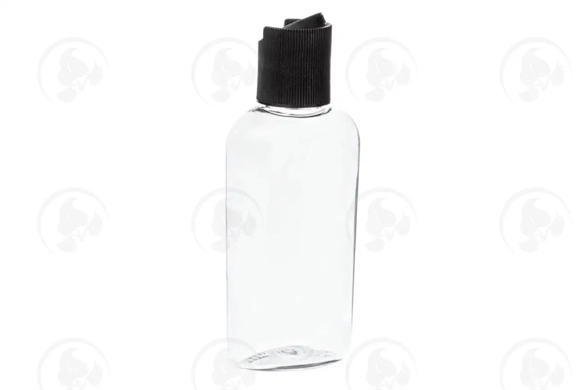 2 Oz. Oval Bottle: Clear Plastic With Black Disc-Top Cap