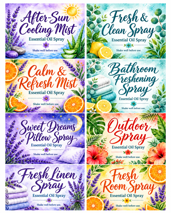 DIY Essential Oil Spray Labels – Set of 8 Decorative Labels