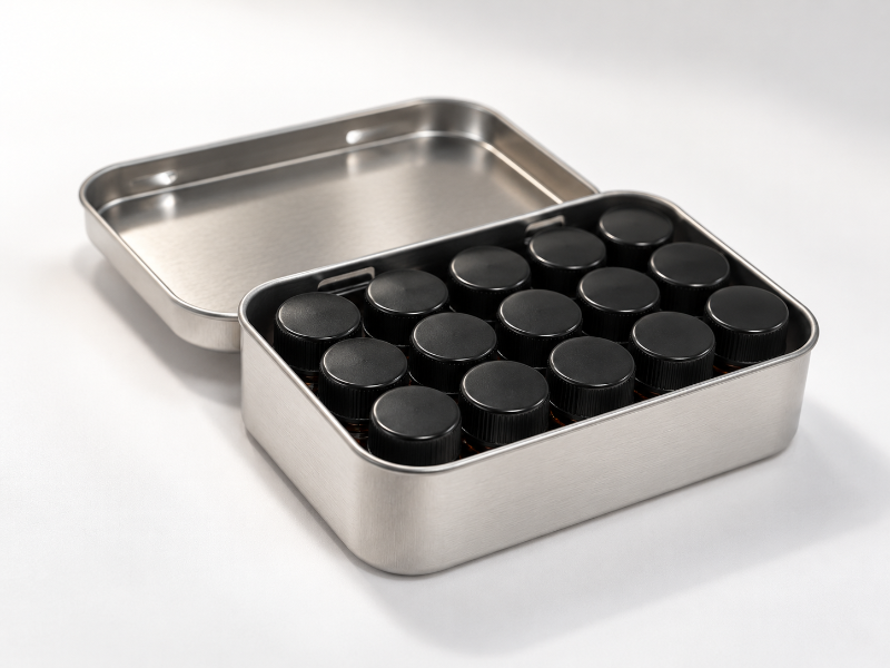 Silver Metal Essential Oil Sample Bottle Storage Tin – Hold eighteen 1/4 Dram Sample Bottles