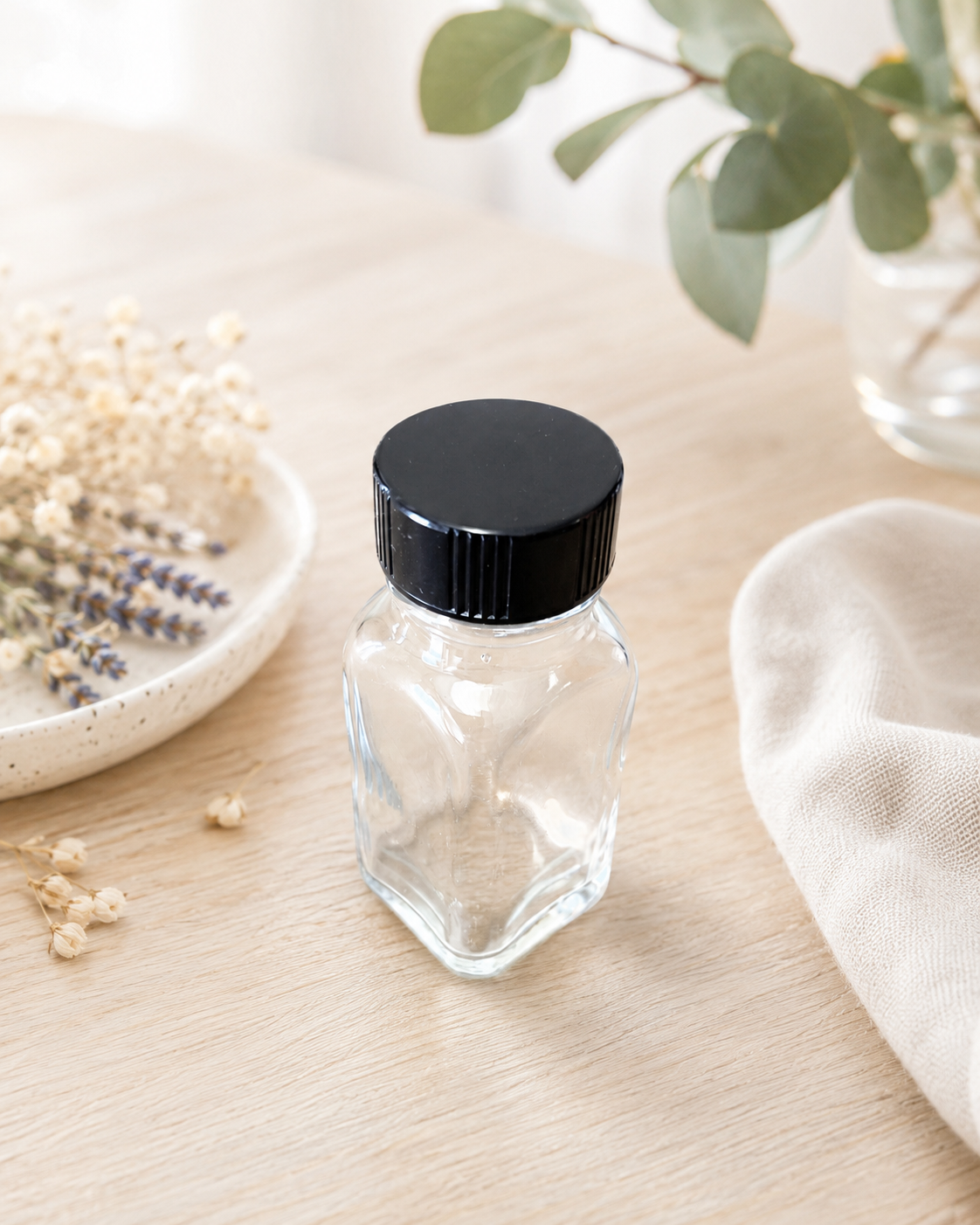 1 oz. Clear French Square Glass Bottle with Cap