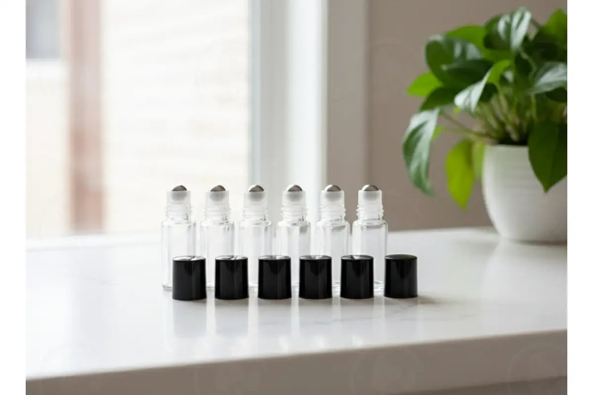 3 ml Clear Glass Vials with Metal Roll-ons and Black Caps (Pack of 6)