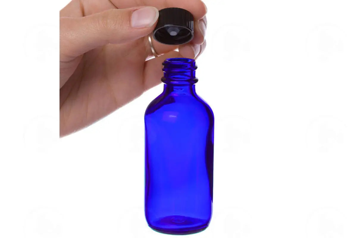 2 Oz. Bottle: Blue Glass With Black Cap