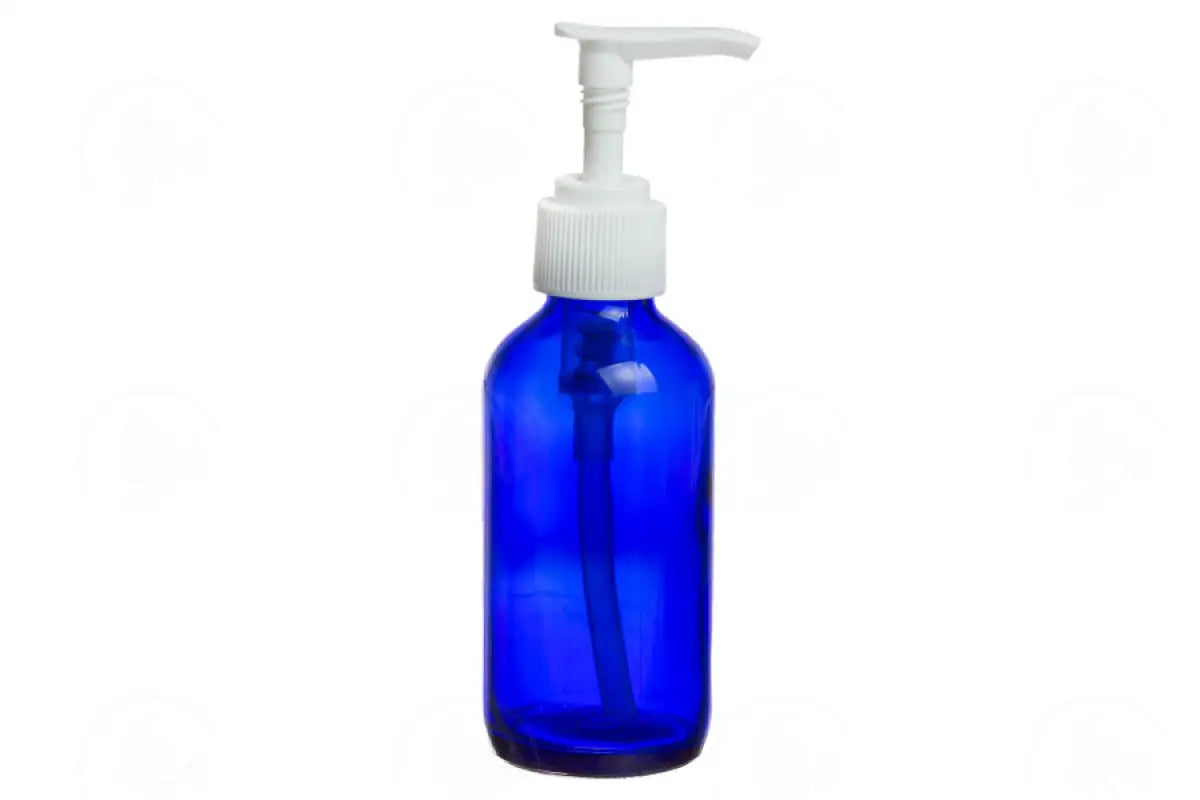 4 Oz. Bottle: Blue Glass Boston Round With Pump White Top