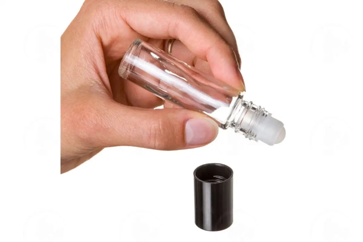 1/3 Oz. Roll-On Vial: Clear Glass With Plastic Roller And Black Cap (6 Count)