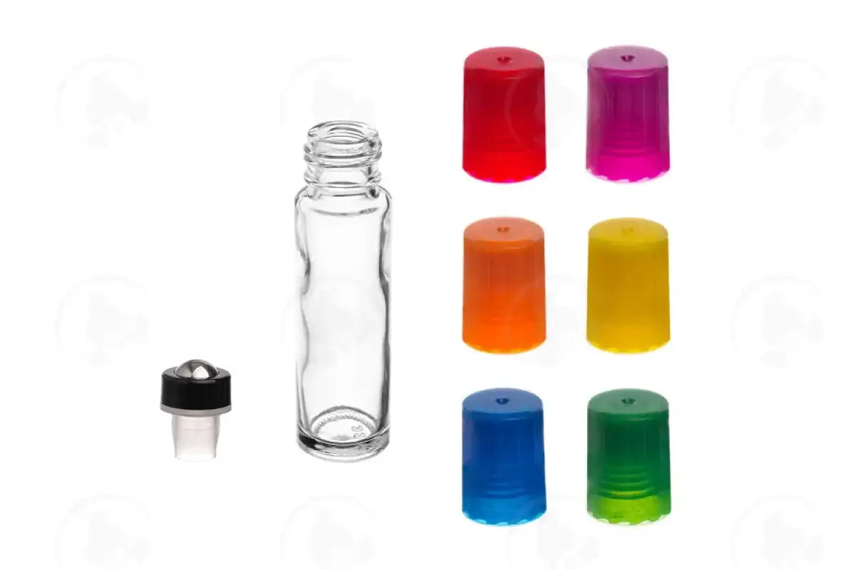 1/3 oz. Roll-on Vial: Clear Glass with Metal Roller and Color Assorted Caps (6 Count)