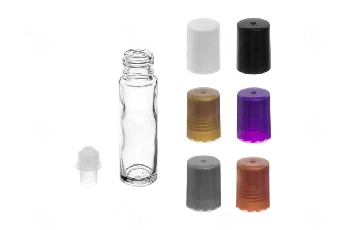 1/3 oz. Roll-on Vial: Clear Glass with Plastic Roller and Color Assorted Cap (6 Count)