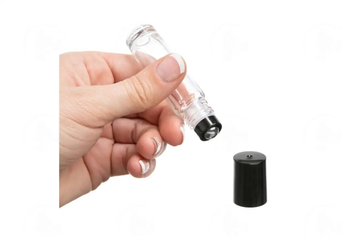1/3 Oz. Roll-On Vial: Clear Glass With Metal Roller And Black Cap (6 Count)