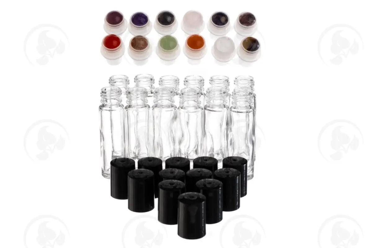 1/3 Oz. Roll-On Vial: Clear Glass With Gemstone Roller And Black Cap (12 Count)