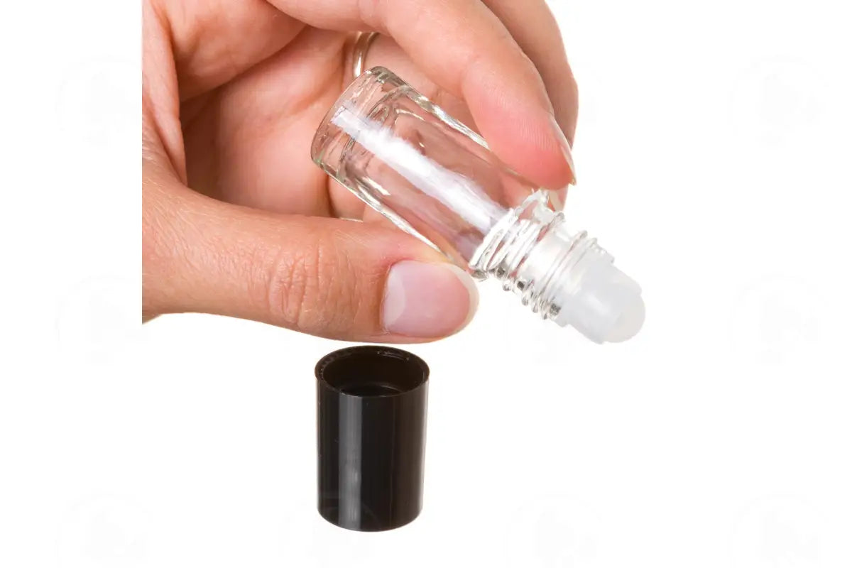 1/6 Oz. Roll-On Vial: Clear Glass With Plastic Roller And Black Cap (6 Count)