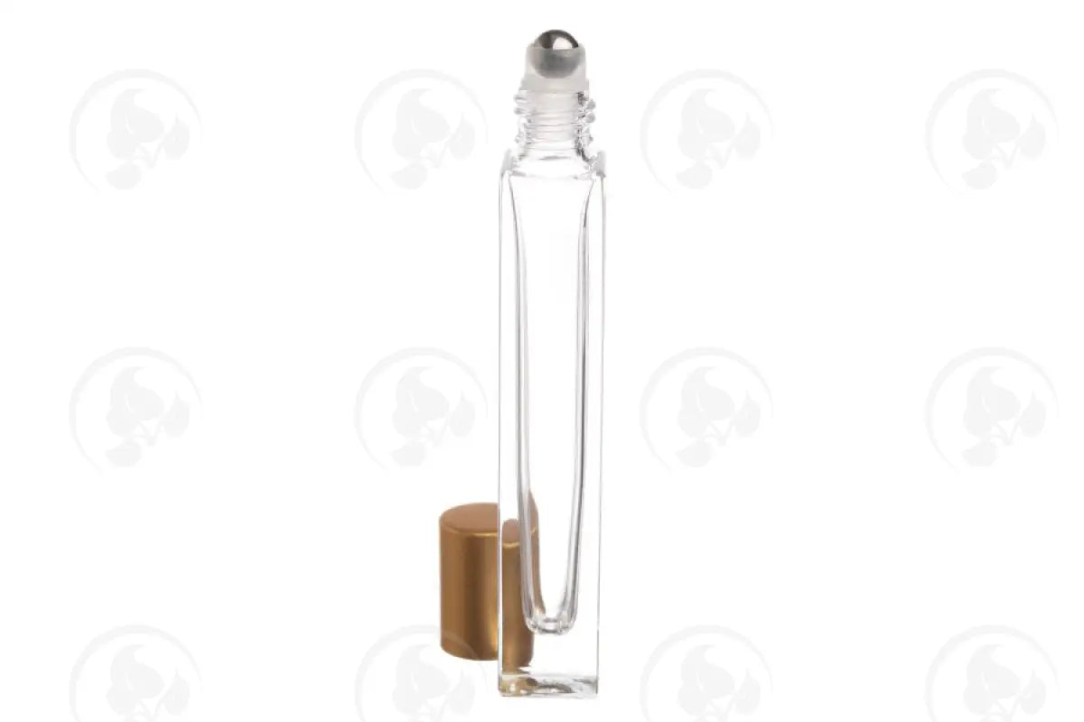 1/3 Oz. Roll-On Vial: Clear Square Glass With Metal Roller And Matte Gold Cap (6 Count)