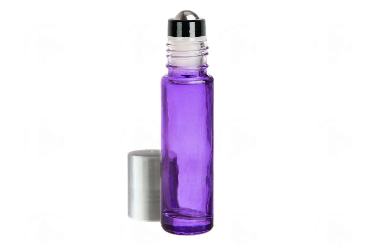1/3 Oz. Roll-On Vial: Purple Glass With Metal Roller And Silver Cap (6 Count)