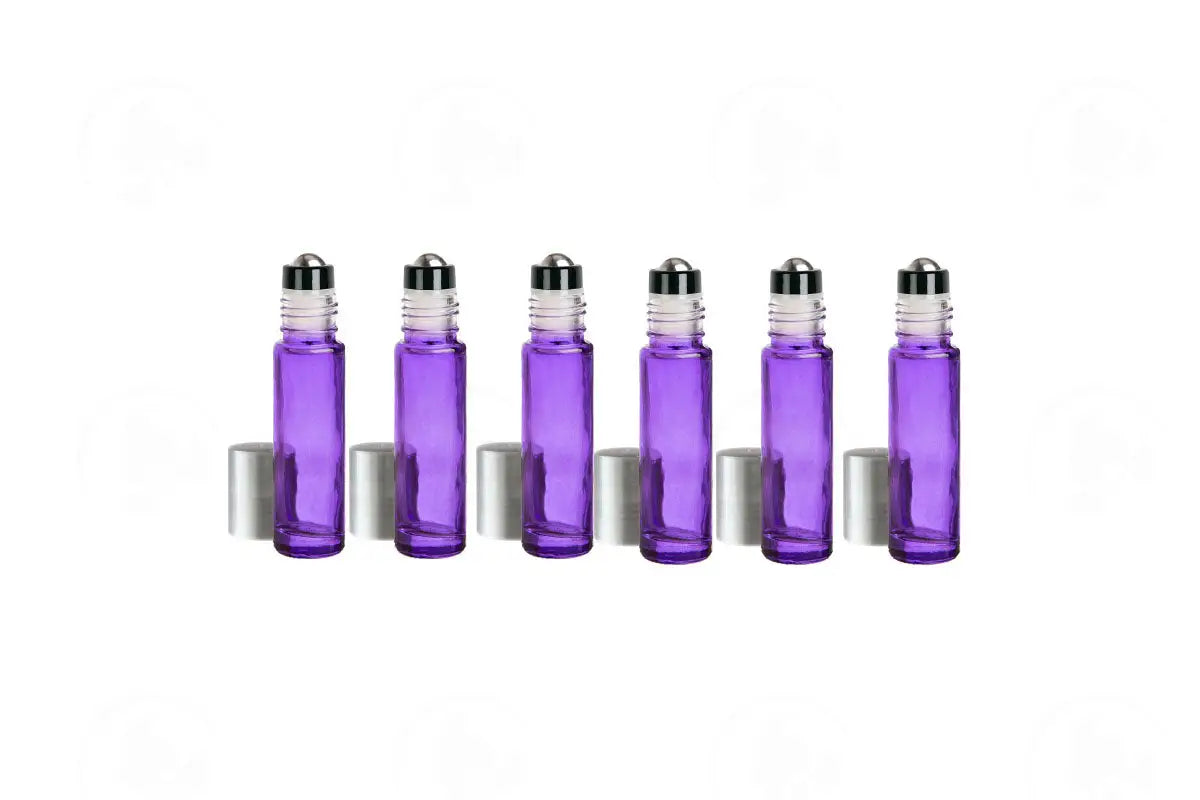 1/3 Oz. Roll-On Vial: Purple Glass With Metal Roller And Silver Cap (6 Count)