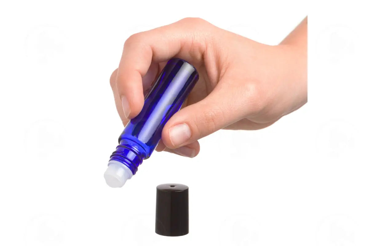 1/3 Oz. Roll-On Vial: Blue Glass With Plastic Roller And Black Cap (6 Count)