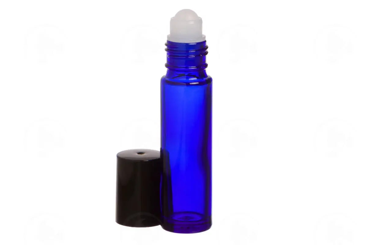 1/3 Oz. Roll-On Vial: Blue Glass With Plastic Roller And Black Cap (6 Count)