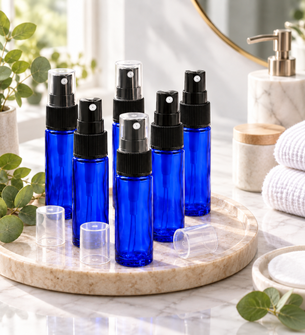 10 ml Misting Spray Vial: Blue Glass with Acrylic Hood (6 Count)