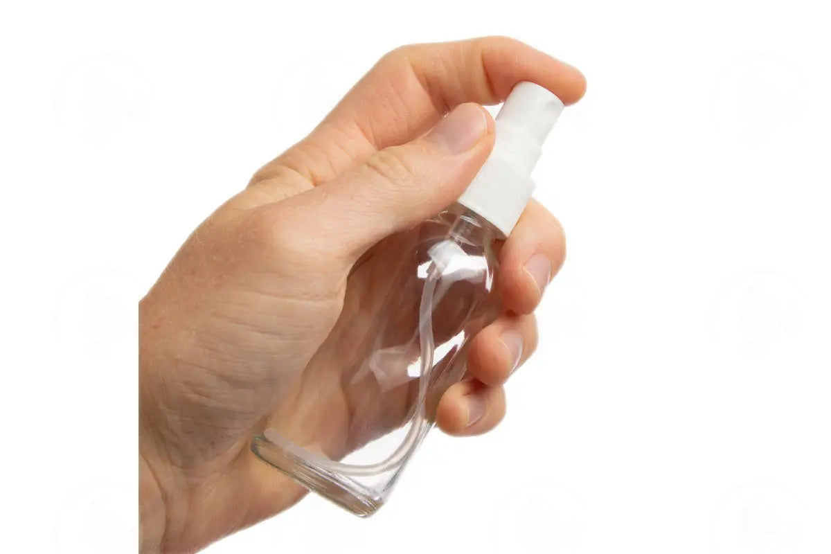 2 Oz. Bottle: Clear Glass With White Misting Spray Top