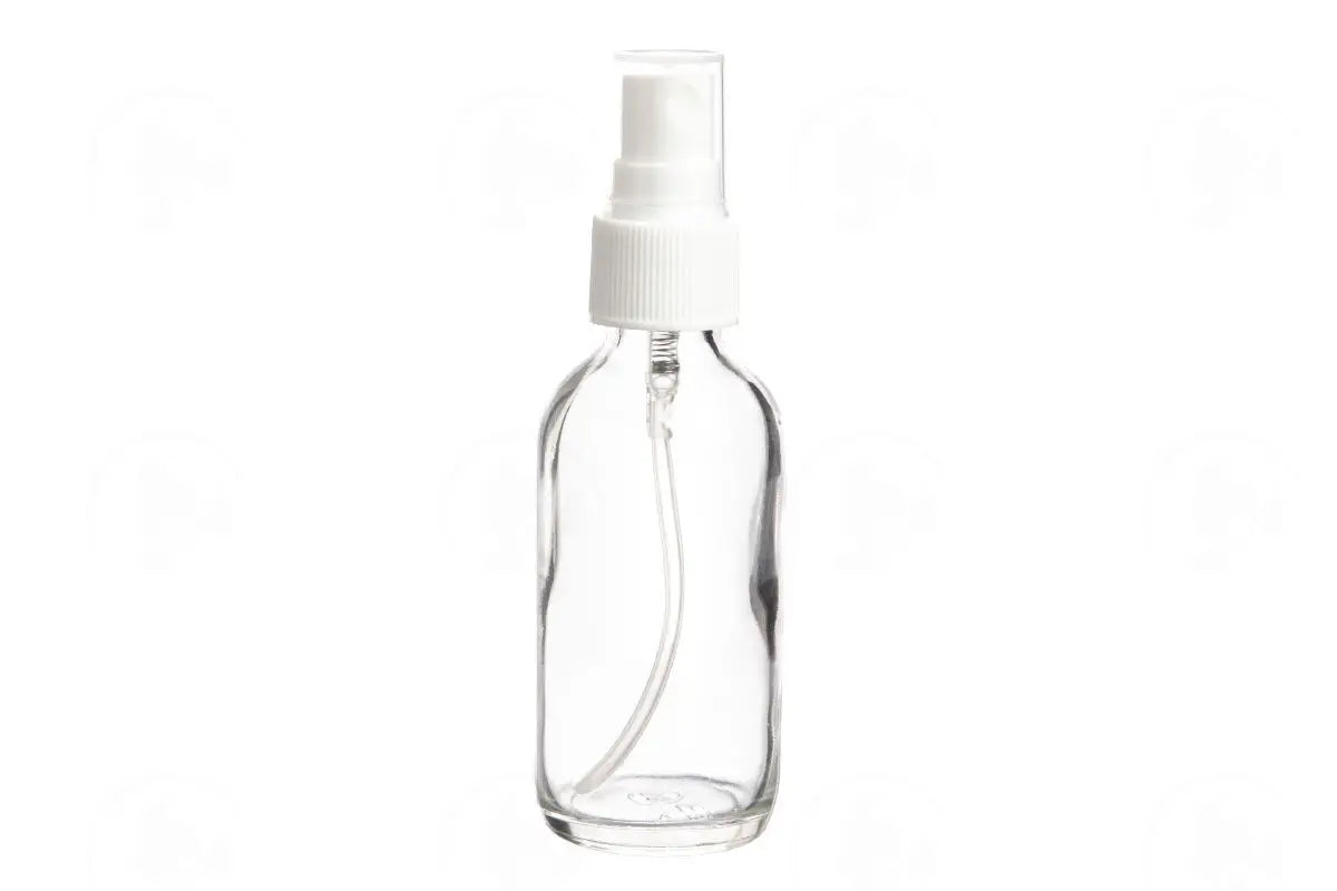 2 Oz. Bottle: Clear Glass With White Misting Spray Top