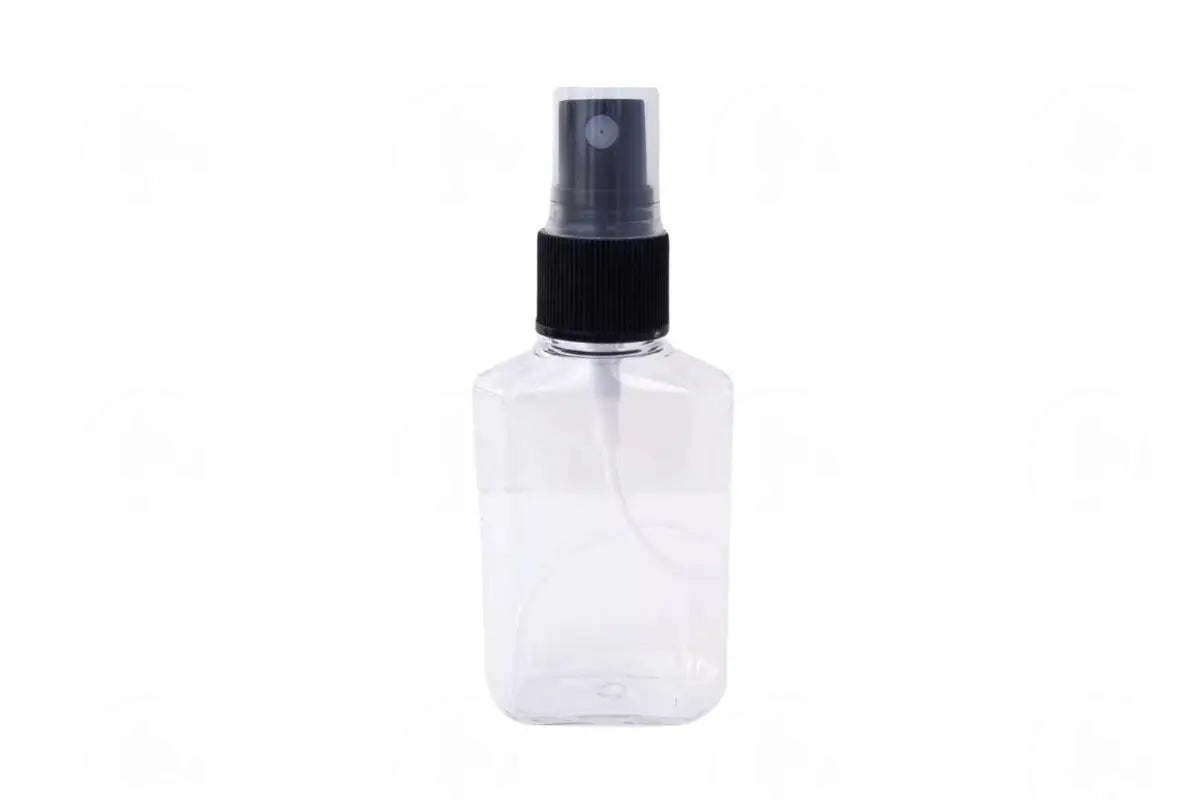 2 Oz. Rectangle Bottle: Clear Plastic With Misting Spray Top Black Tops
