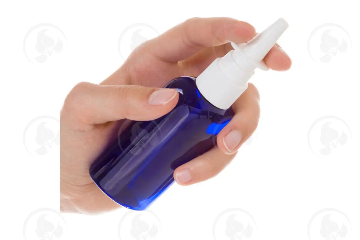 2 Oz. Oval Bottle: Blue Plastic With White Nasal Spray Top