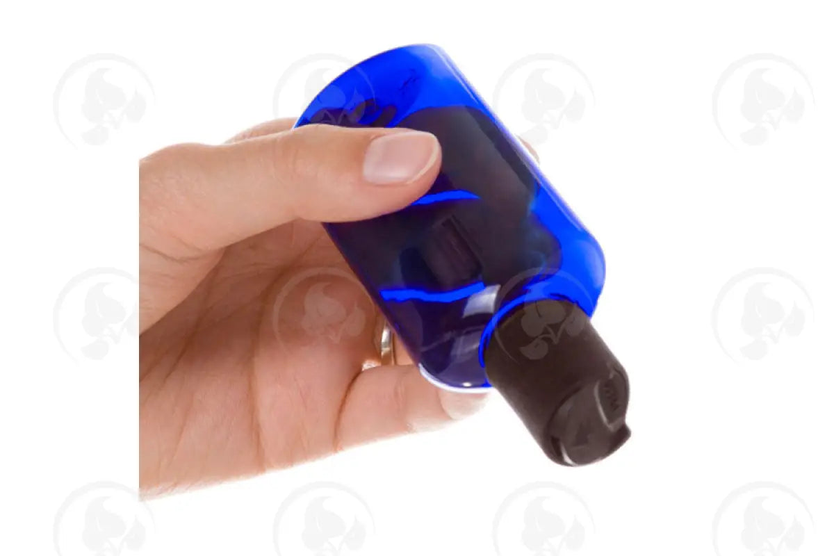 2 Oz. Oval Bottle: Blue Plastic And Black Disc-Top Cap