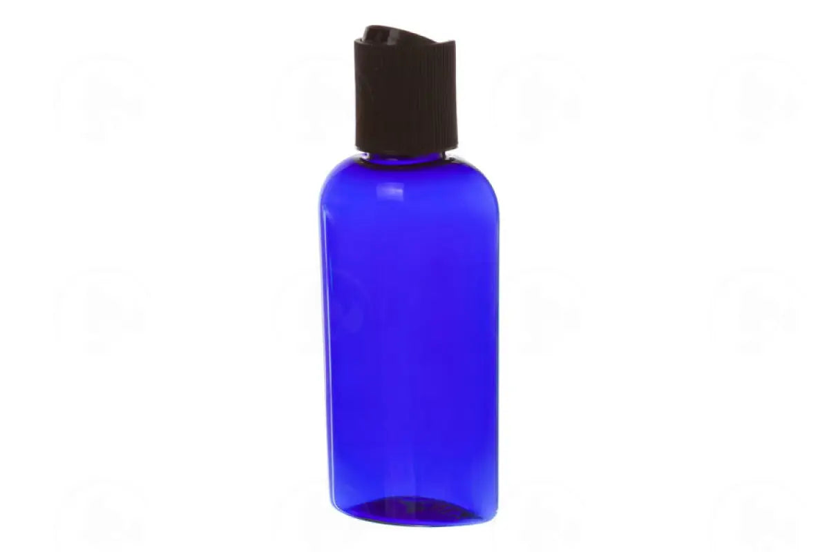2 Oz. Oval Bottle: Blue Plastic And Black Disc-Top Cap
