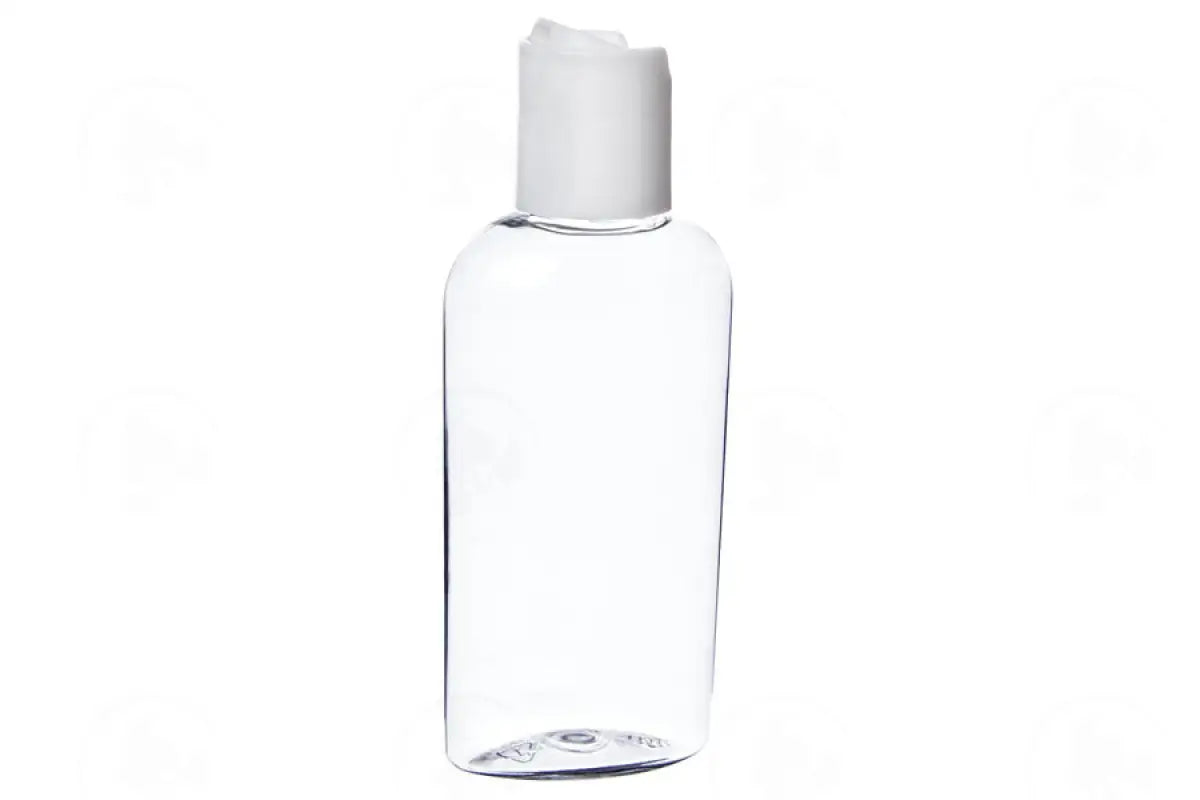 2 Oz. Oval Bottle: Clear Plastic With White Disc-Top Cap