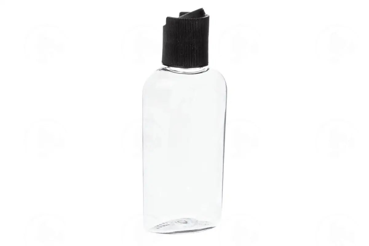 2 Oz. Oval Bottle: Clear Plastic With Black Disc-Top Cap