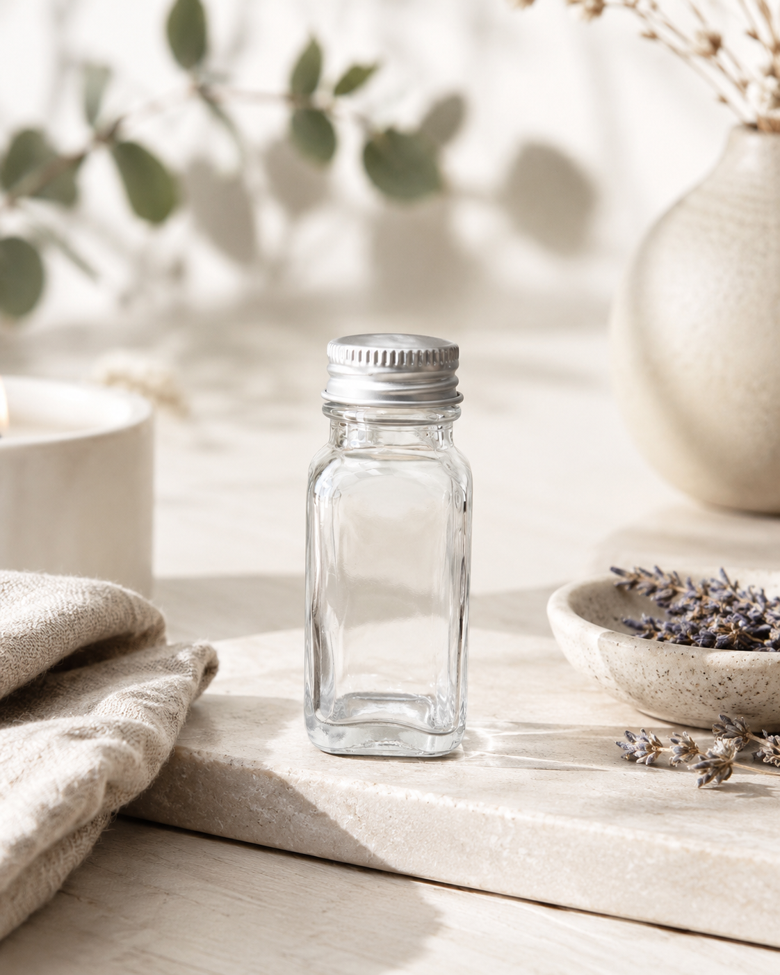 1 oz. Clear French Square Glass Bottle with Cap
