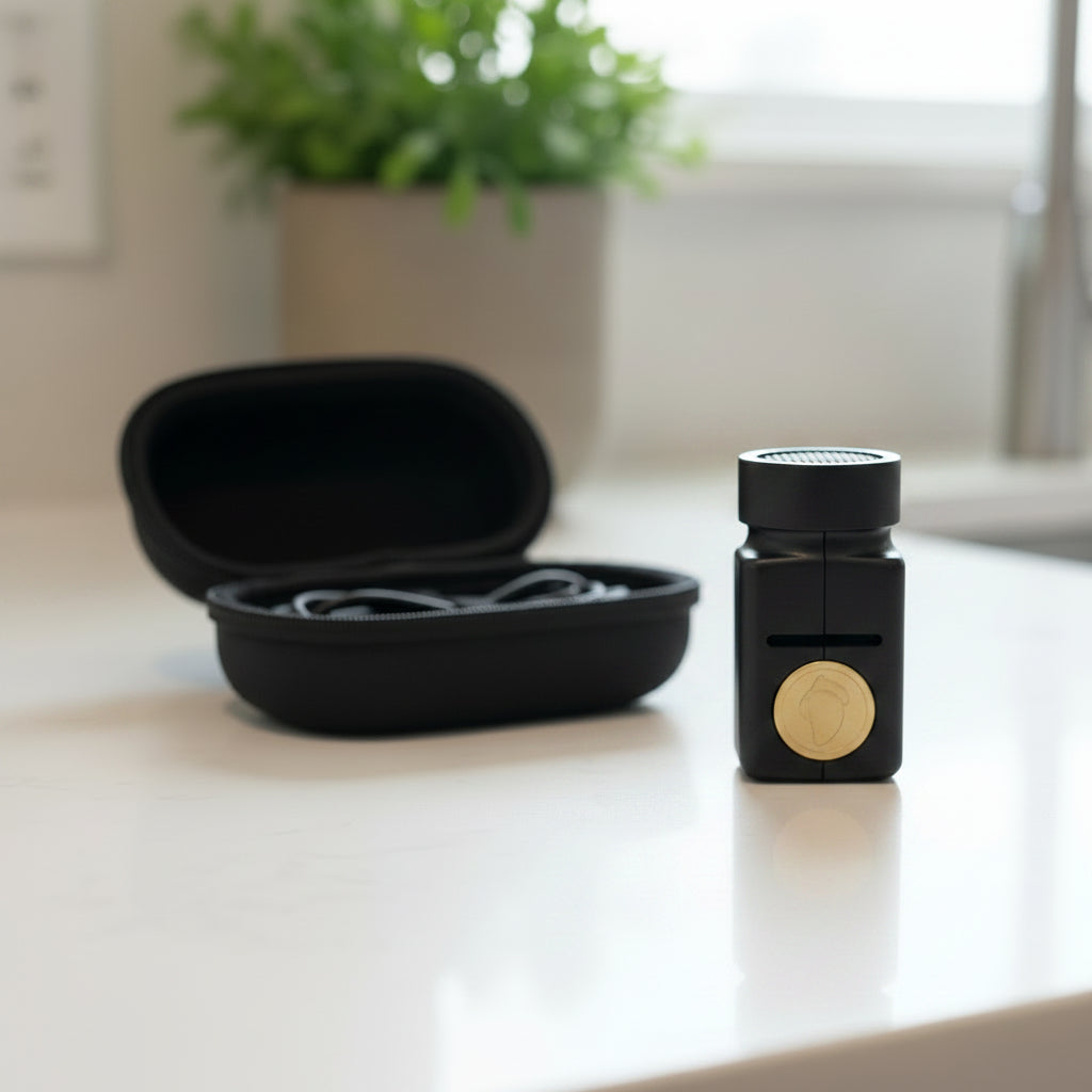 My Fuzie Personal Diffuser with a zippered carabiner case, 5 pads, and 1 pad storage case.