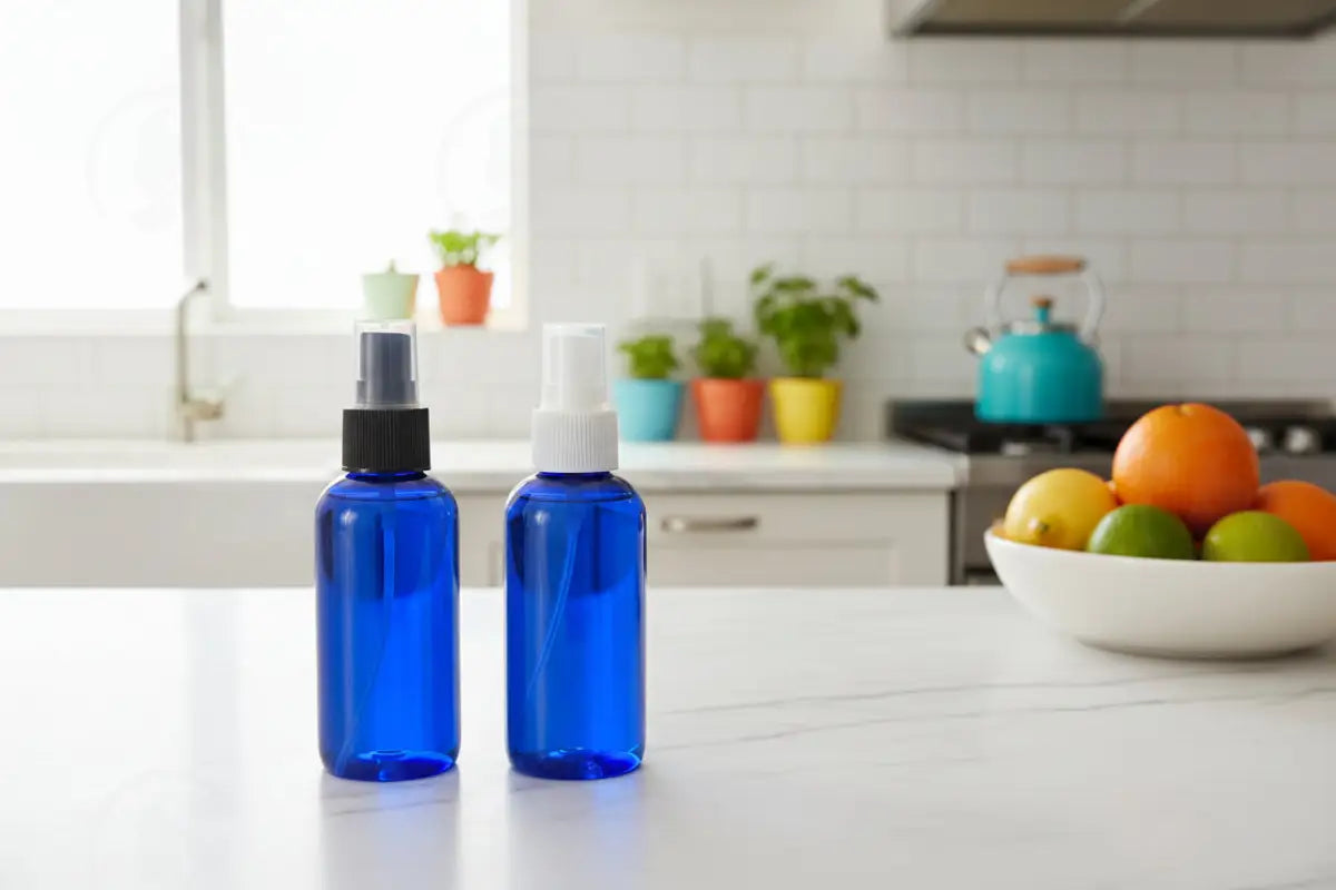 4 oz. Blue PET Boston Round Plastic Bottle (24-400 Neck Size) with Misting Sprayer