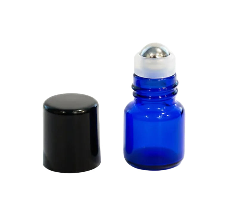 1 ml Roll-on Vial: Blue Glass with Metal Roller and Black Cap (12 Count)
