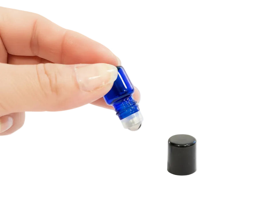 1 ml Roll-on Vial: Blue Glass with Metal Roller and Black Cap (12 Count)