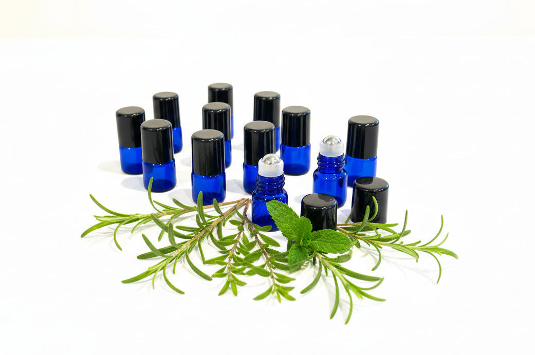 1 ml Roll-on Vial: Blue Glass with Metal Roller and Black Cap (12 Count)