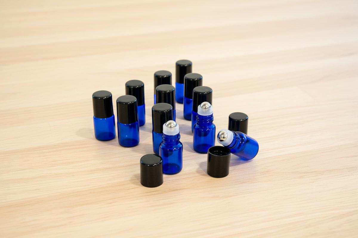 2 ml Roll-on Vial: Blue Glass with Metal Roller and Black Cap (12 Count)