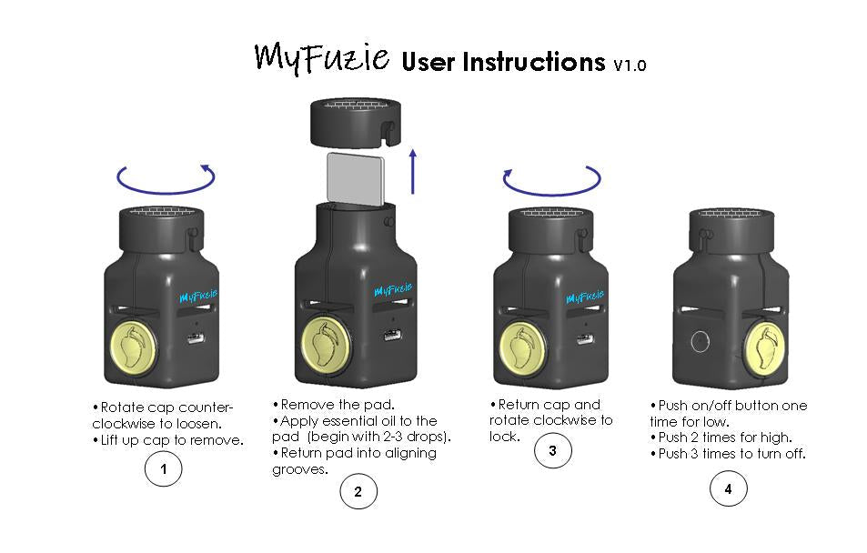 My Fuzie Personal Diffuser with a zippered carabiner case, 5 pads, and 1 pad storage case.