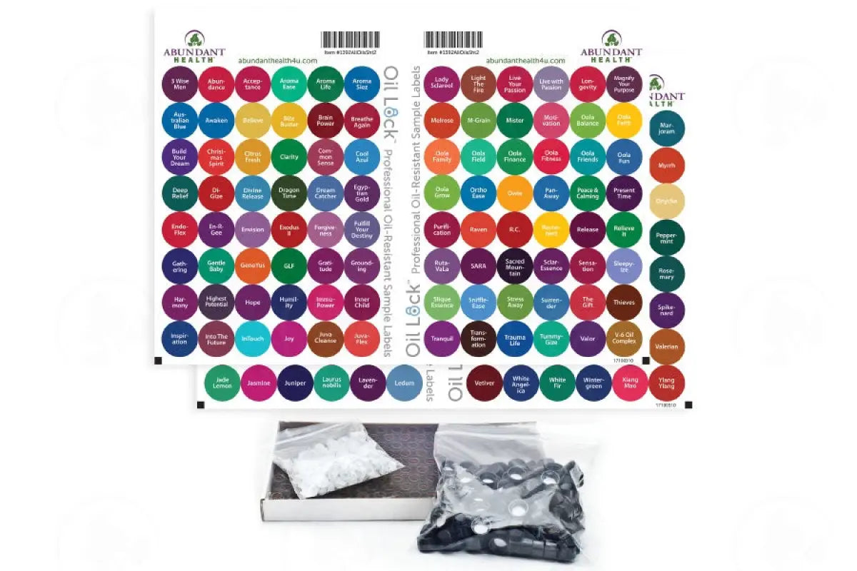 5/8 Dram Sample Vials And Label Set: All Oils Blends Oil Lock Preprinted Circle Labels (192