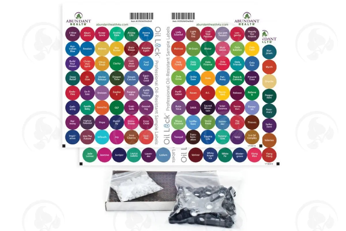 5/8 Dram Sample Vials And Label Set: All Oils Blends Oil Lock Preprinted Circle Labels (192